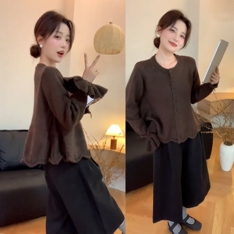 2025秋季新款设计感韩系慵懒风圆领长袖针织开衫女休闲裤两件套