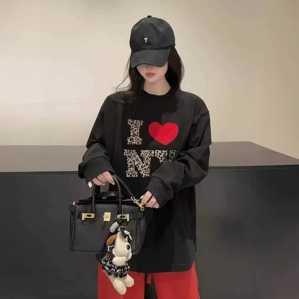 5382 豹纹字母桃心韩版卫衣