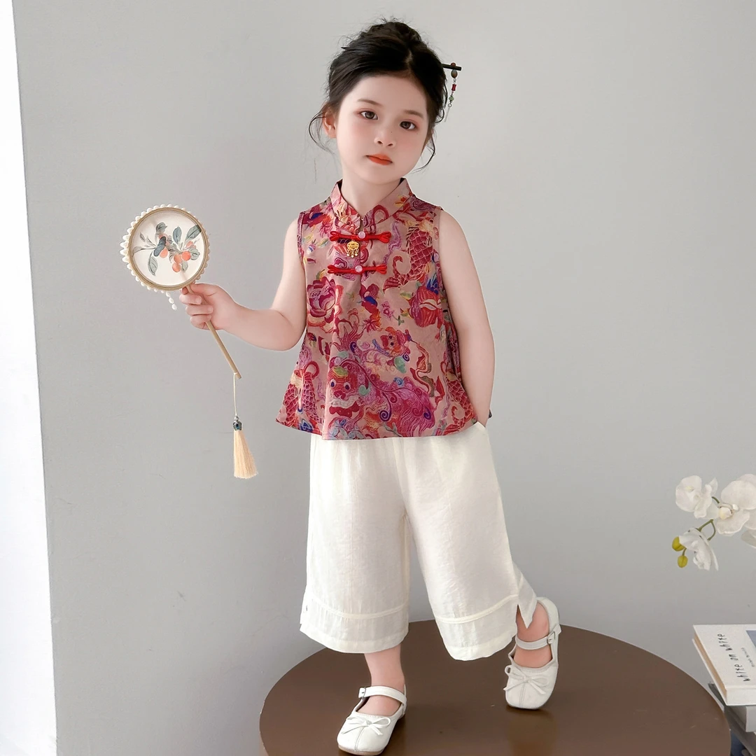 汉服女童2025新款女宝超好看日常可穿古风国风盘扣旗袍套装两件套