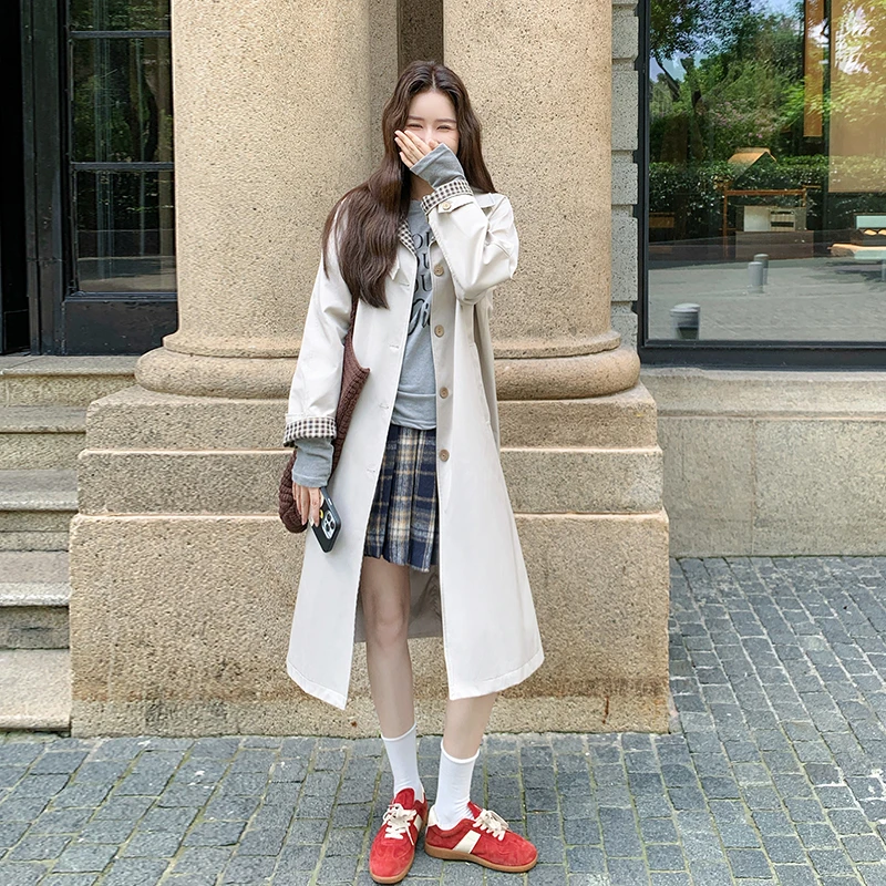 格子拼接小个子米色风衣外套女中长款2025秋新款巨好看高级感流行