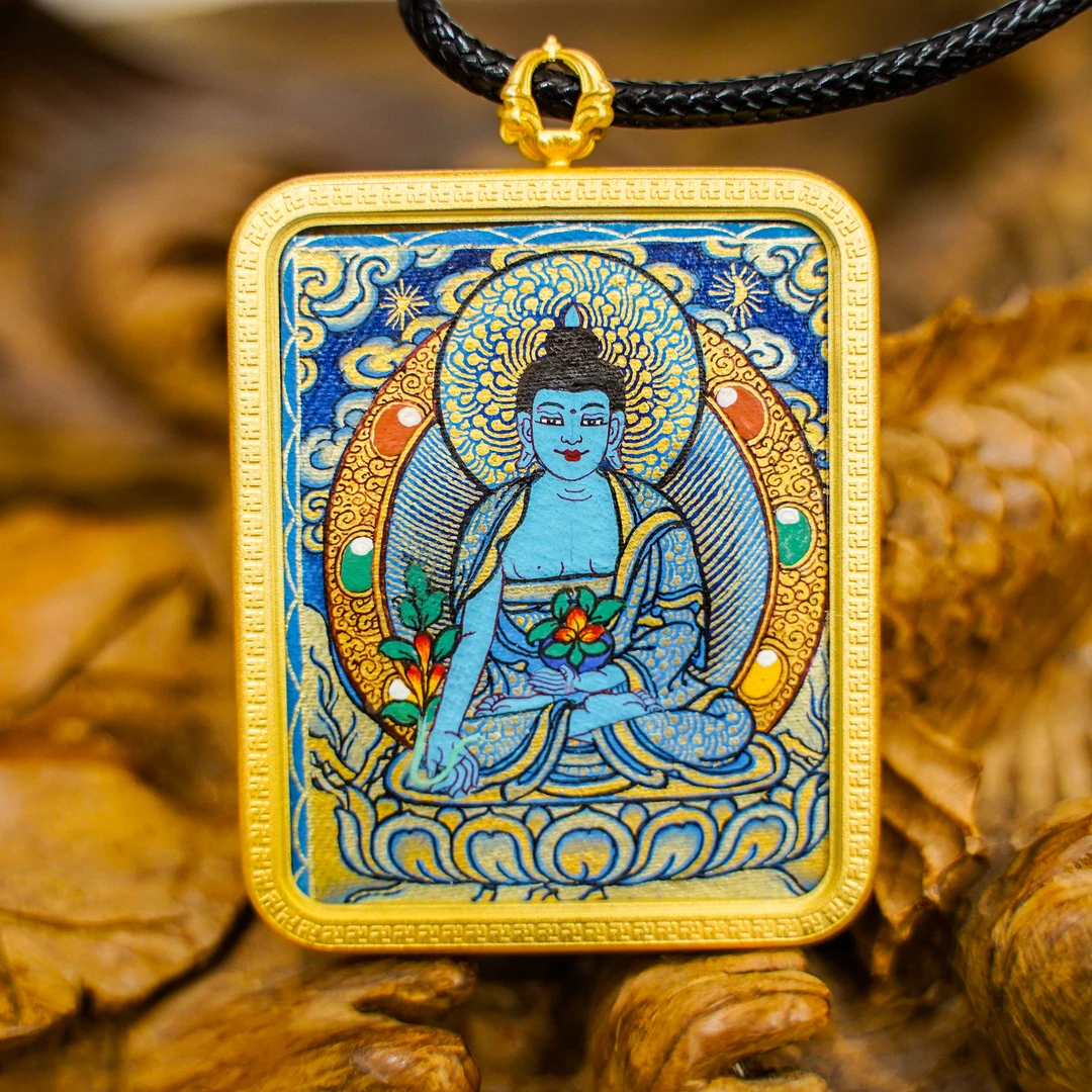 唐卡吊坠手绘唐卡纯手工纯手绘真品挂绳文玩配饰藏传文玩药师佛