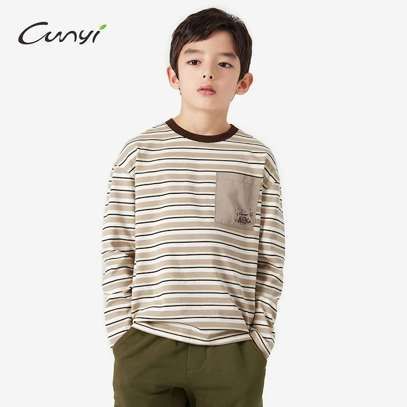 纯一良品童装儿童长袖T恤2025春季新款中大童休闲条纹撞色套头衫