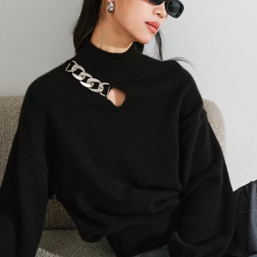 未使用 Alexander McQueen/亚历山大·麦昆 黑色半高领短款毛衣M码