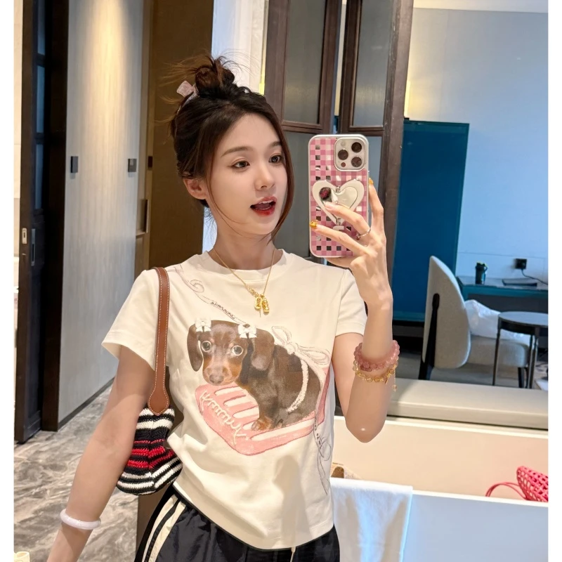 【蝴蝶结腊肠狗】夏季时尚印花休闲风日系设计感T恤-DX20251012