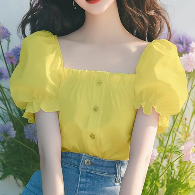 筱香饰方领泡泡袖衬衫女夏季新款小个子高级感别致甜美很仙的上衣