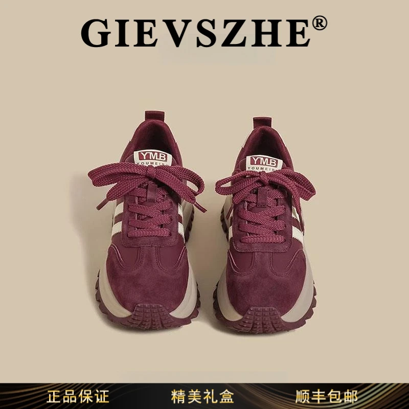 纪诗哲女鞋厚底增高老爹鞋2025春秋季新款透气舒适时尚红色运动鞋