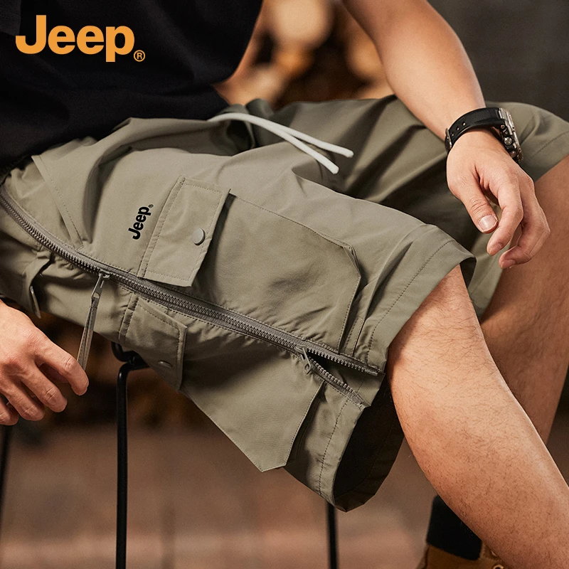 JEEP/吉普夏季工装短裤男潮牌宽松直筒五分裤拉链透气速干休闲裤