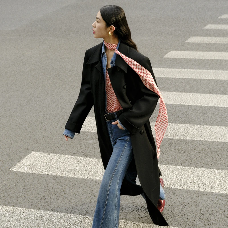 【商场同款】HPLY荷比俪2023冬季新款H型腰带长款大衣HJD42500333