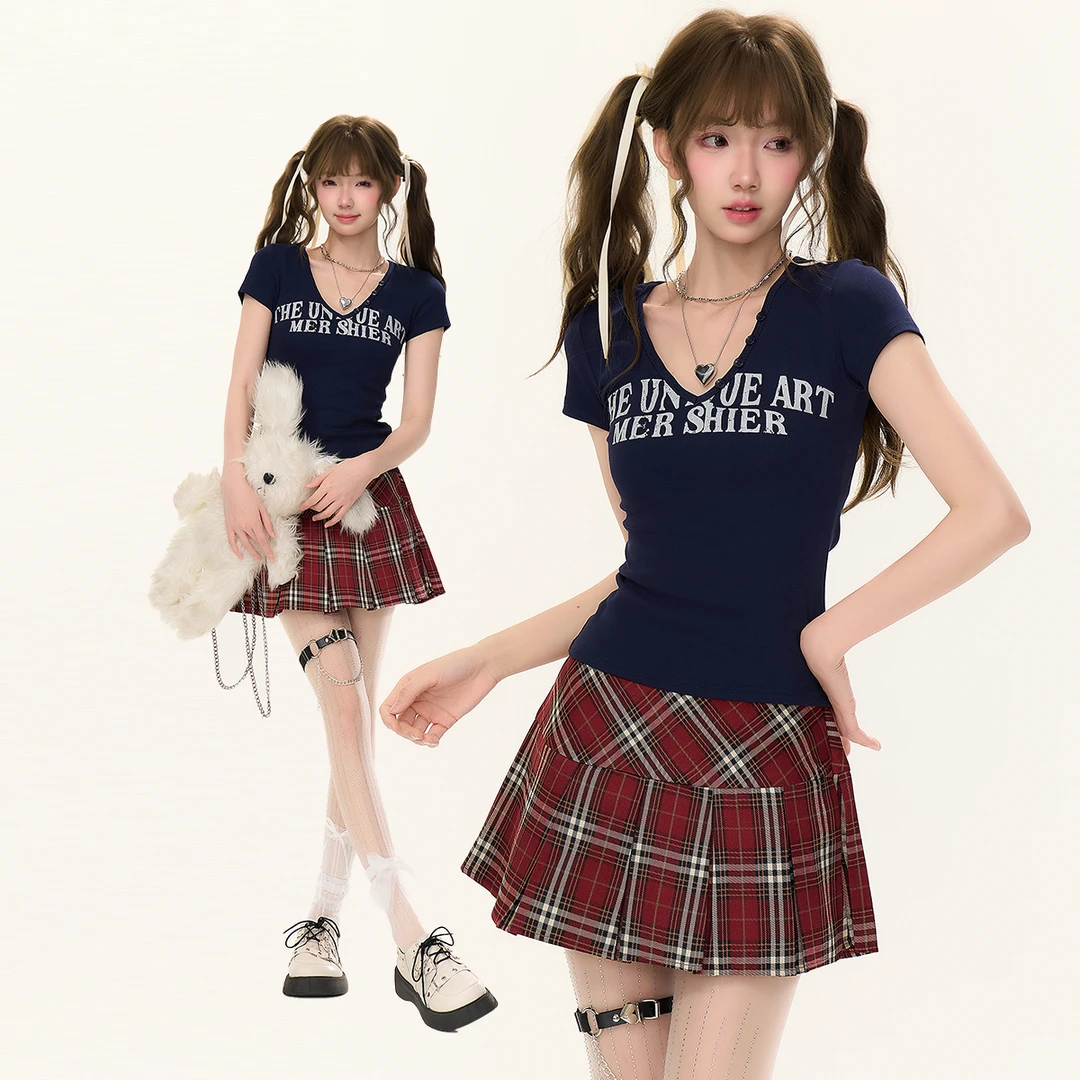 性感ol字母套装V领短袖拼接抗皱T恤常规印花服装夏季显瘦夏季百搭