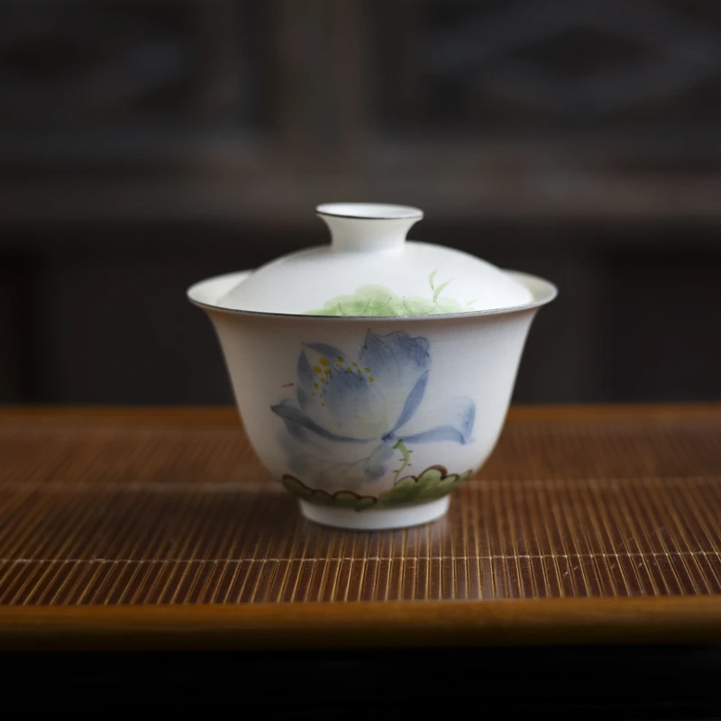 粉引手绘盖碗(蓝荷)（Q4659）