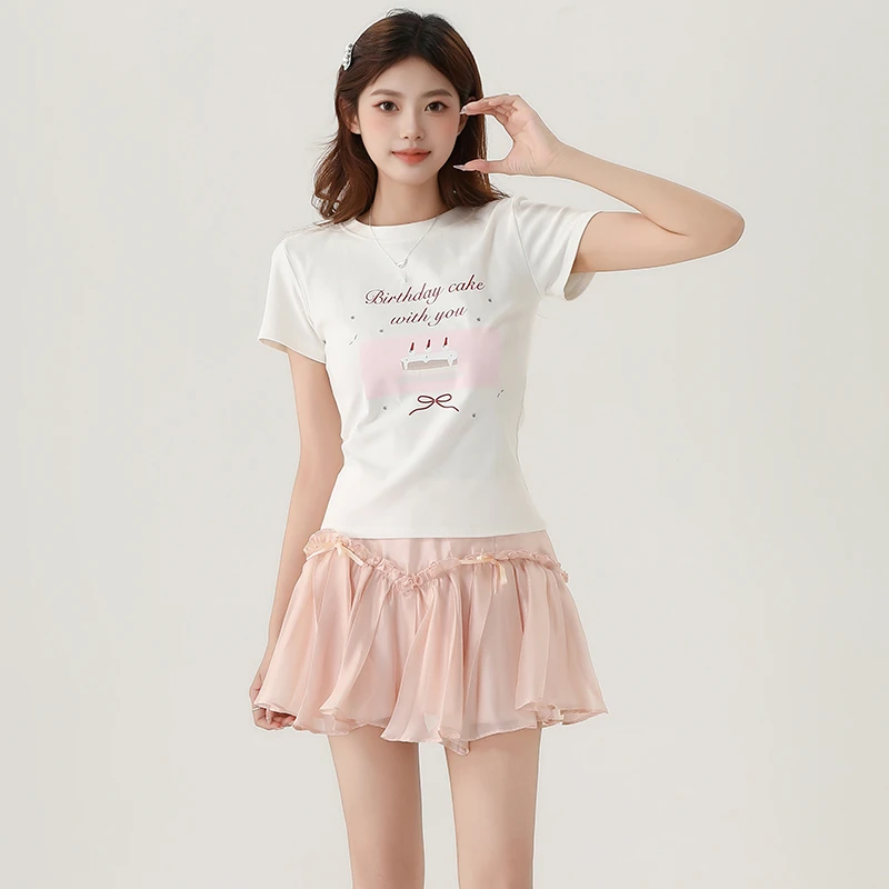 夏季套装女2025年新款小个子白色T恤+高腰雪纺短裙气质显瘦两件套