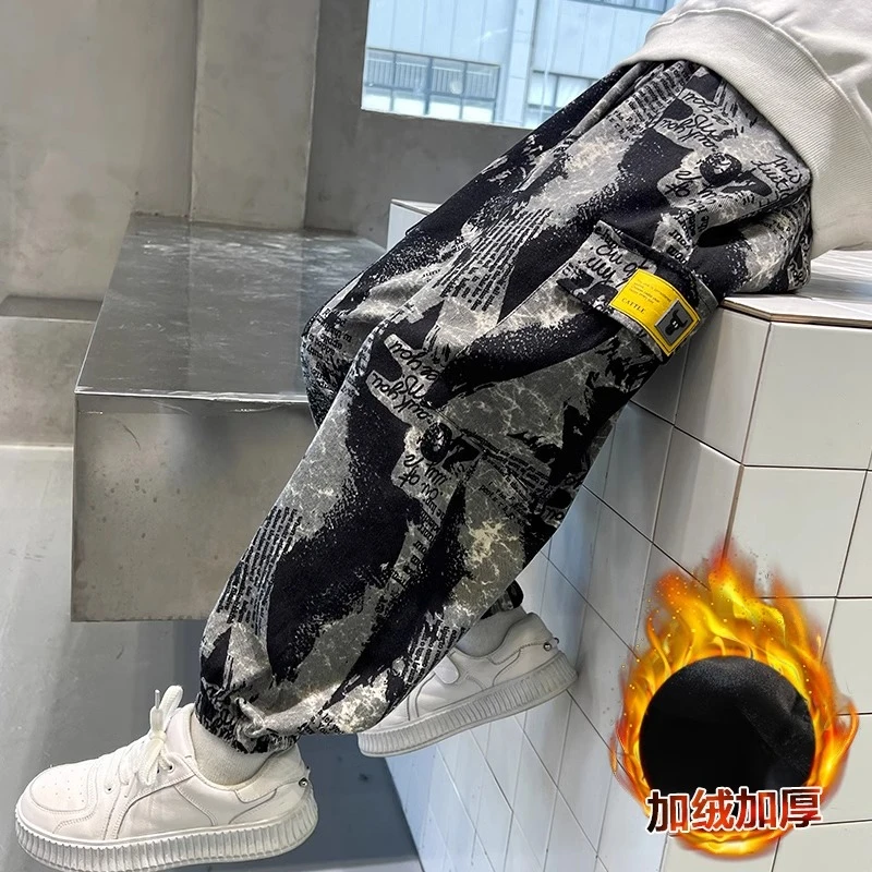 儿童迷彩裤秋冬新款男童工装裤一体绒潮酷中大童宽松冬季束脚长裤