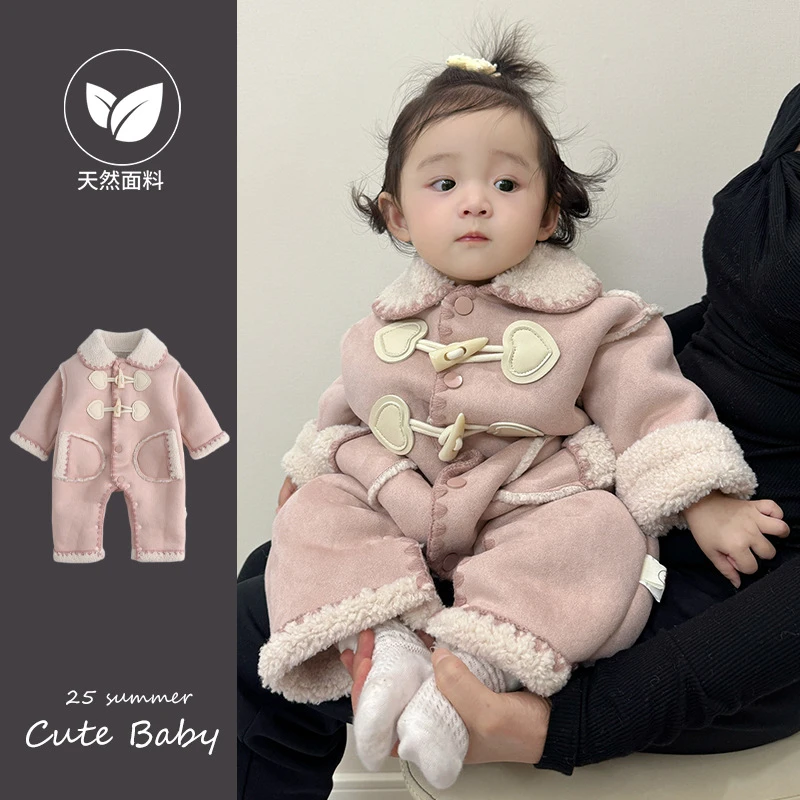 婴儿衣服秋冬装夹棉加绒加厚连体背心可爱女宝宝秋冬外出保暖爬服