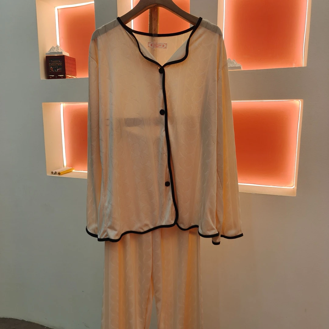 薄款纯色百搭上衣套装春夏几何图案气质睡衣长袖家居服套装