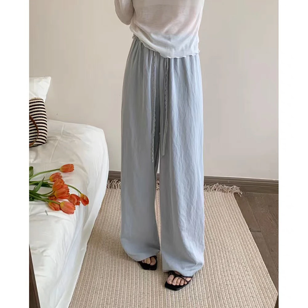 慵懒风蕾丝抽绳高腰垂感阔腿裤春夏宽松直筒简约休闲裤