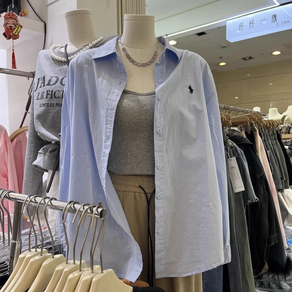 BZ【杭州意法好货】宽松衬衫女春夏秋小马刺绣水洗棉长袖叠穿衬衣