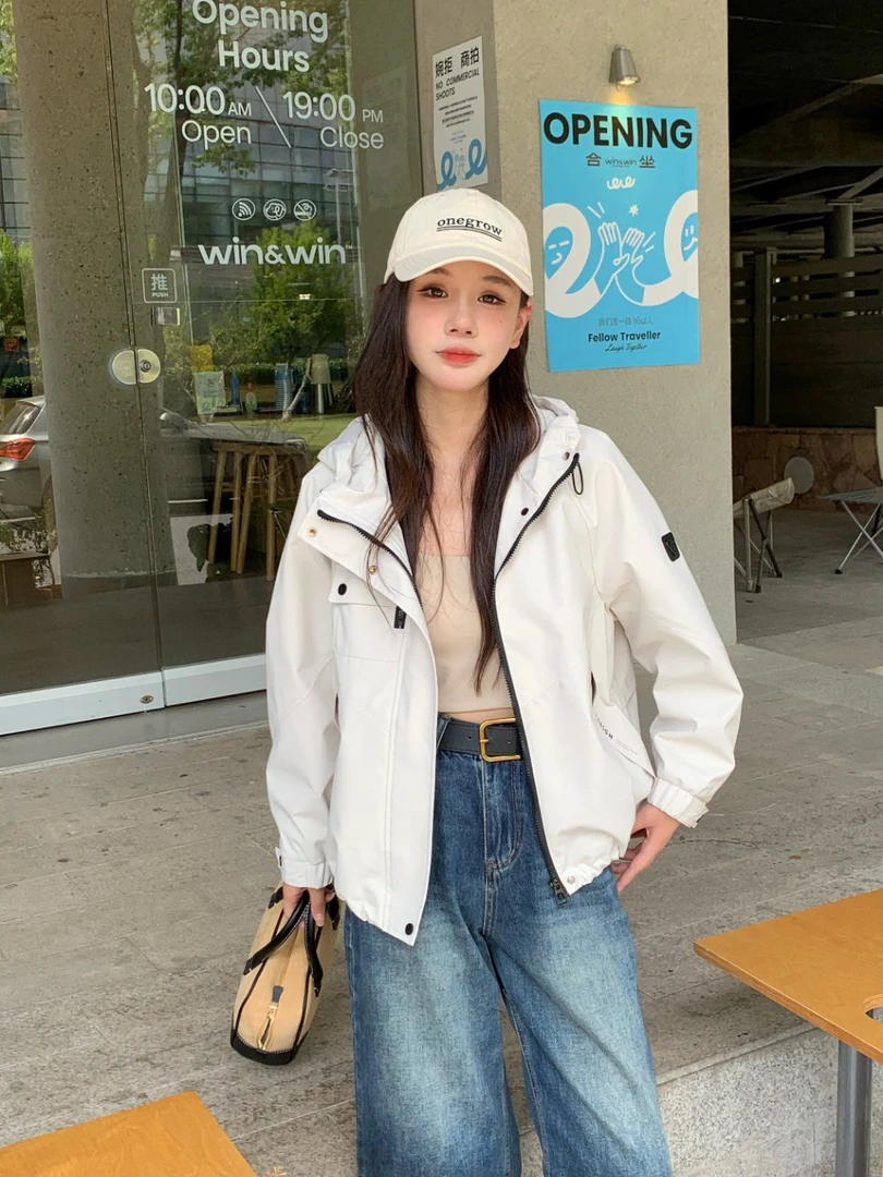 YY1796（聚水潭）百搭户外长袖连帽口袋外套宽松休闲风衣女士外套
