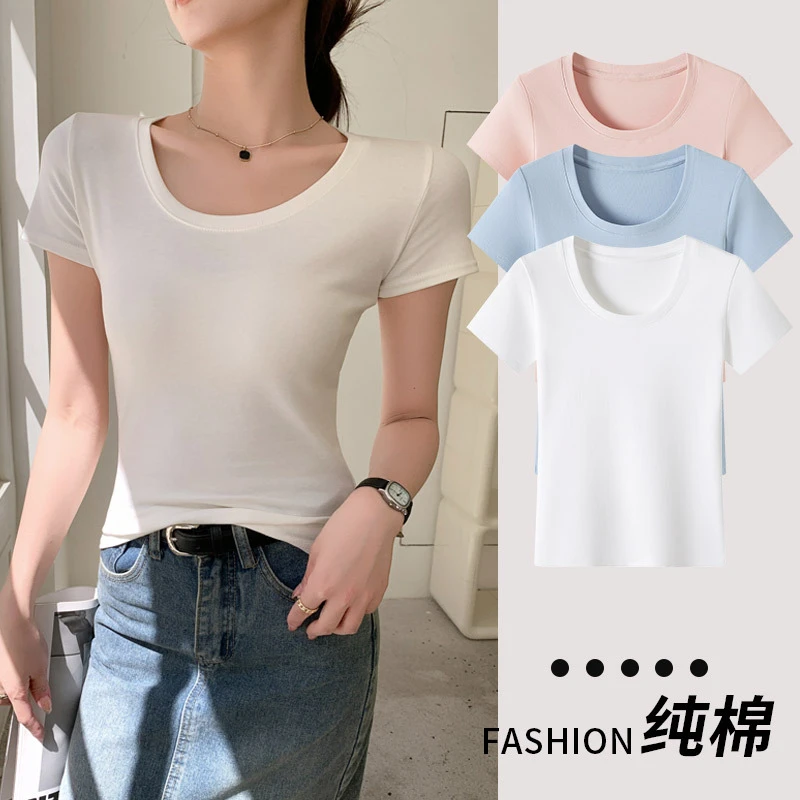 女装纯棉圆领短袖夏季薄款修身显瘦百搭纯色上衣T恤紧身半袖正肩