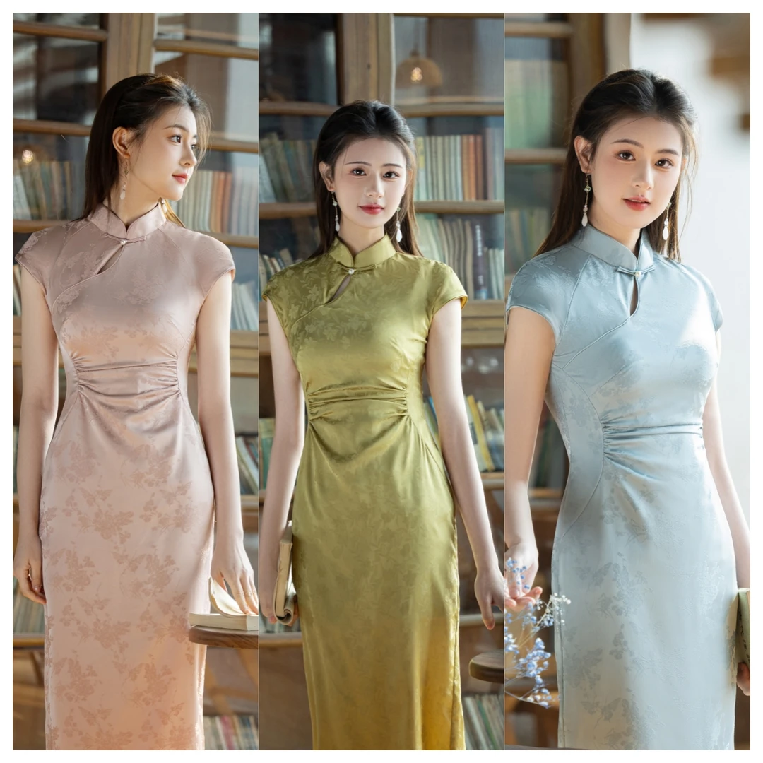 新中式旗袍遮腹收腰显瘦国风改良连衣裙气质长款绿色送考旗开得胜