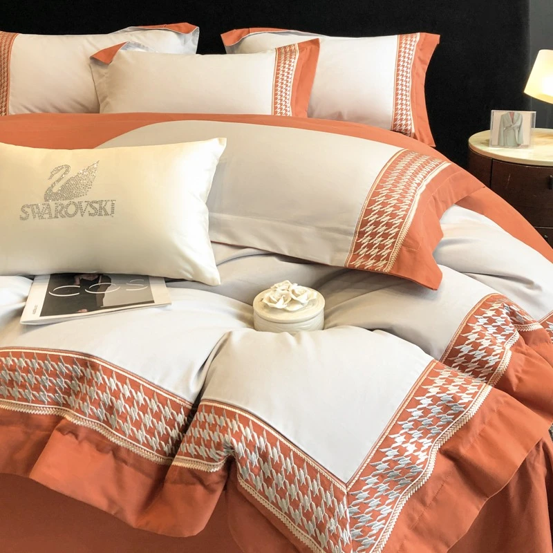 秋冬季120支超柔双面磨毛全棉纯棉四件套纯色刺绣加厚1.8床上用品