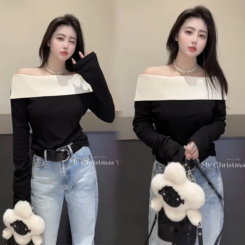 韩版一字肩撞色衬衫女2024春季新款宽松时尚减龄性感露肩拼接上衣