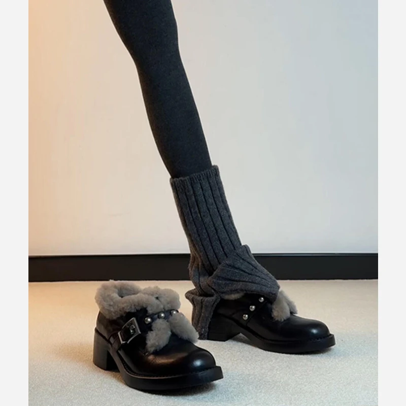 羊皮版~英伦风毛毛加绒乐福鞋女皮带扣新款百搭粗跟小皮鞋雪地靴