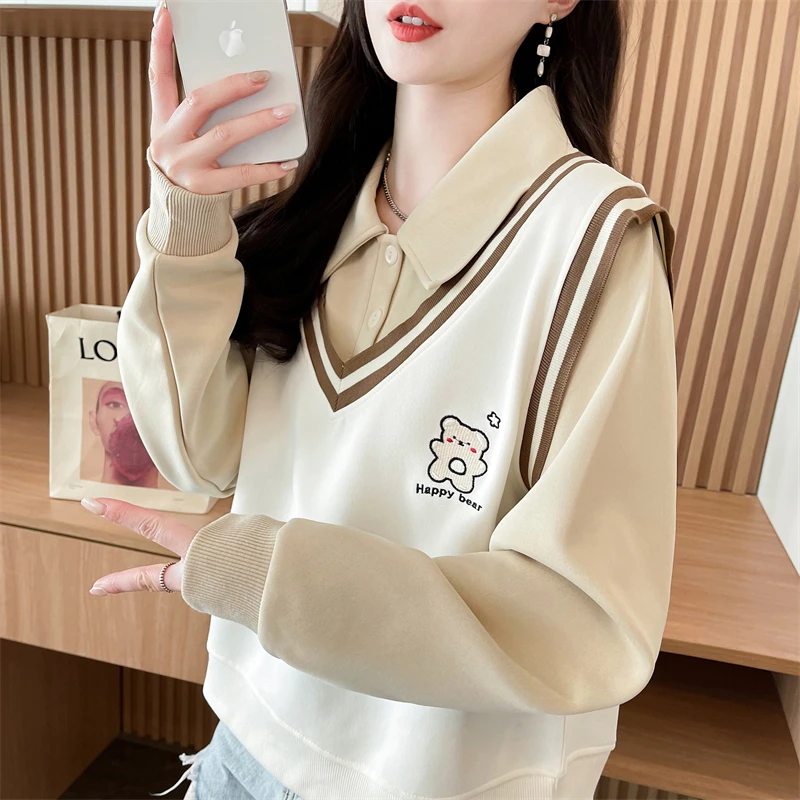 polo领卫衣女2025新款春秋宽松薄款设计感小众假两件学生上衣外套