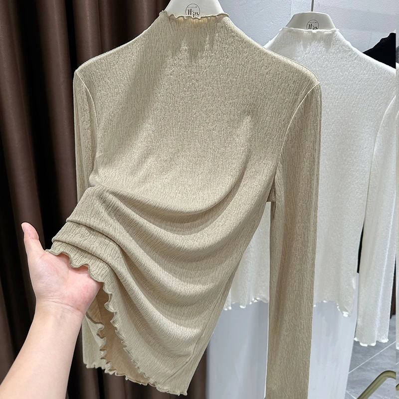 纹理感木耳花边长袖打底衫女早秋韩系穿搭洋气小高领针织t恤上衣