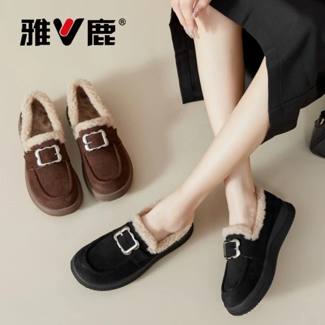 V/雅鹿【25608】秋季新款2025一脚蹬套脚乐福鞋加绒舒适百搭女鞋