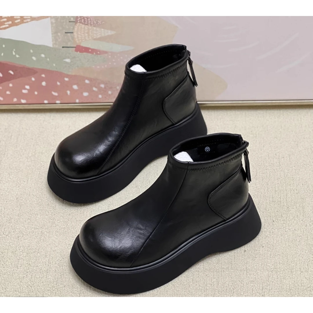 【现货➕有运费险】圆头厚底马丁靴真皮休闲平底冬季靴子女英伦风