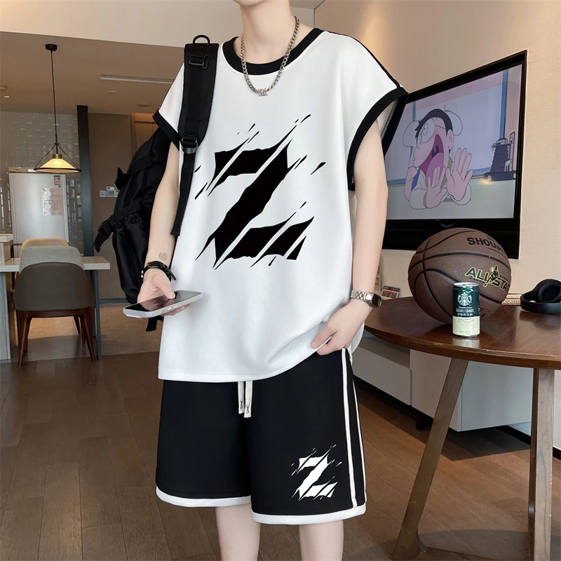 夏季青少年无袖t恤男生高中初中生帅气冰丝背心大童休闲运动套装