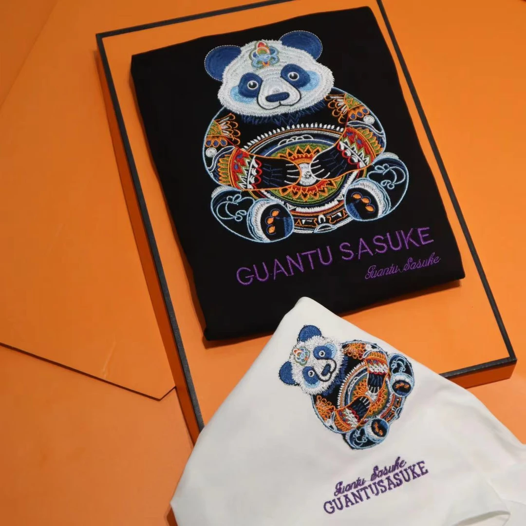 322短重磅丝光棉光感熊猫刺绣花短袖T恤男士夏季休闲百搭潮牌半袖