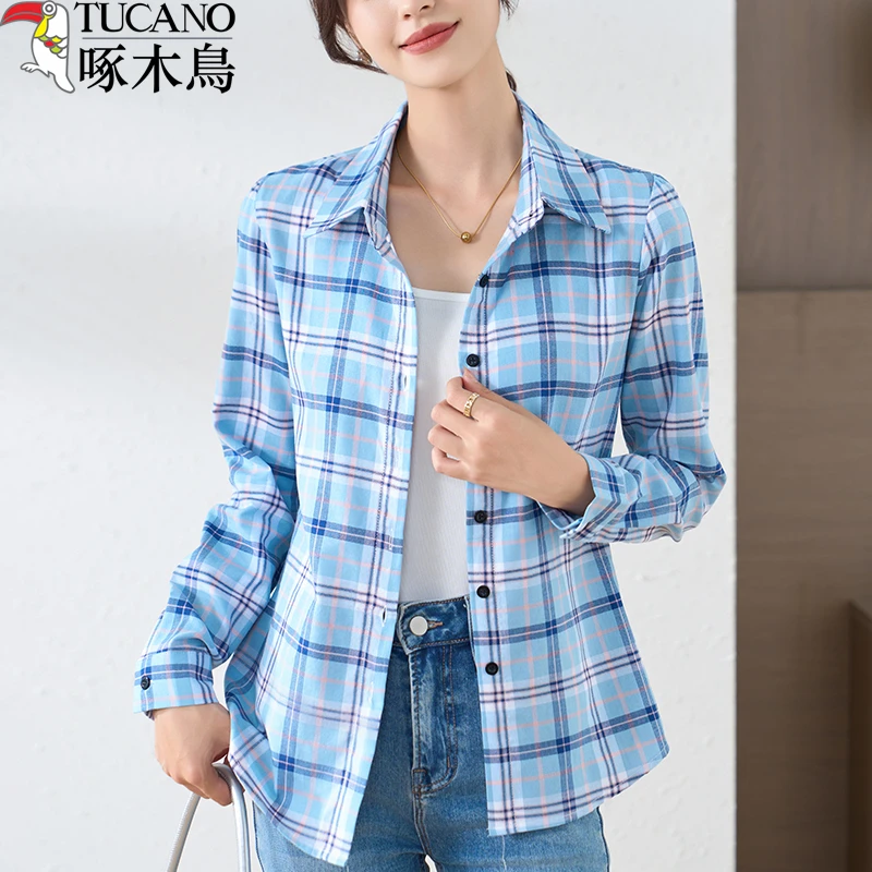 TUCANO/啄木鳥纯棉格子衬衫女春秋新款时尚显瘦百搭韩版长袖衬衣