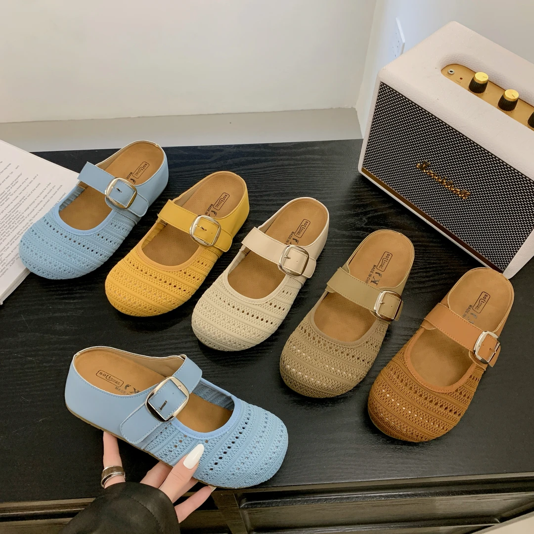 复古手工编织包头半拖鞋女外穿2025新款春夏度假一脚蹬厚底勃肯鞋