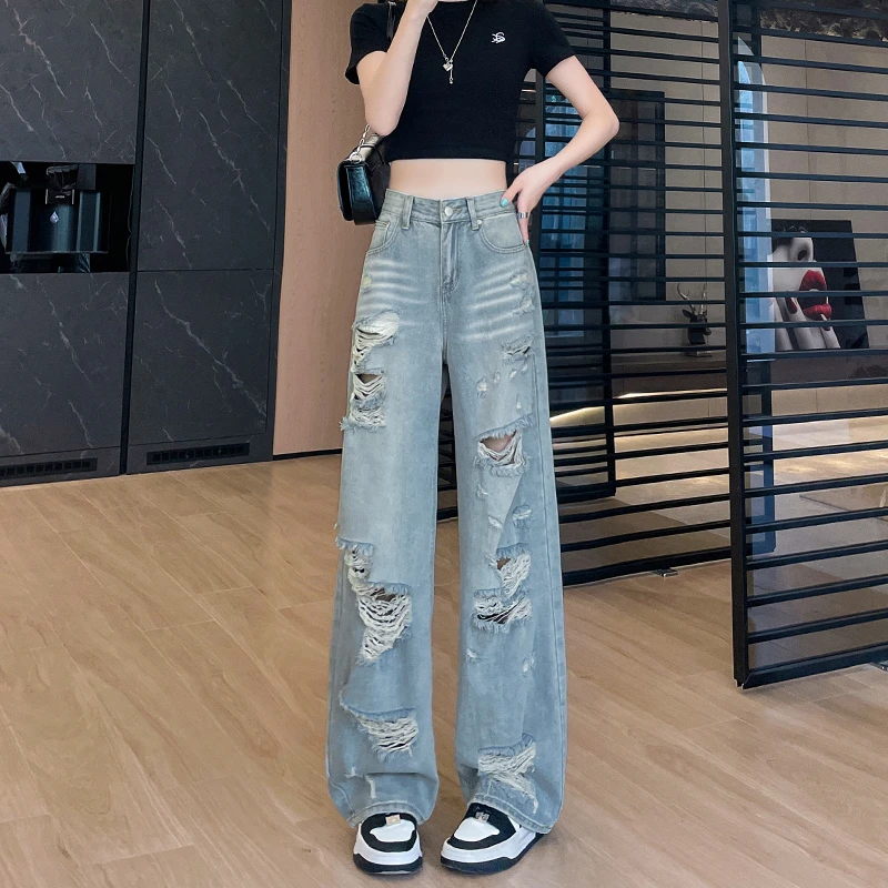 美式前后破洞阔腿牛仔裤女2025夏季薄款宽松设计感辣妹乞丐裤新款