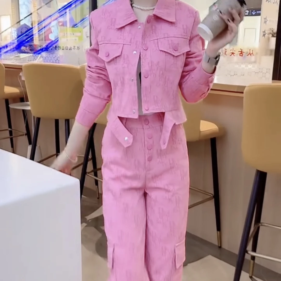 时尚牛仔字母印花上衣与长裤搭配套装