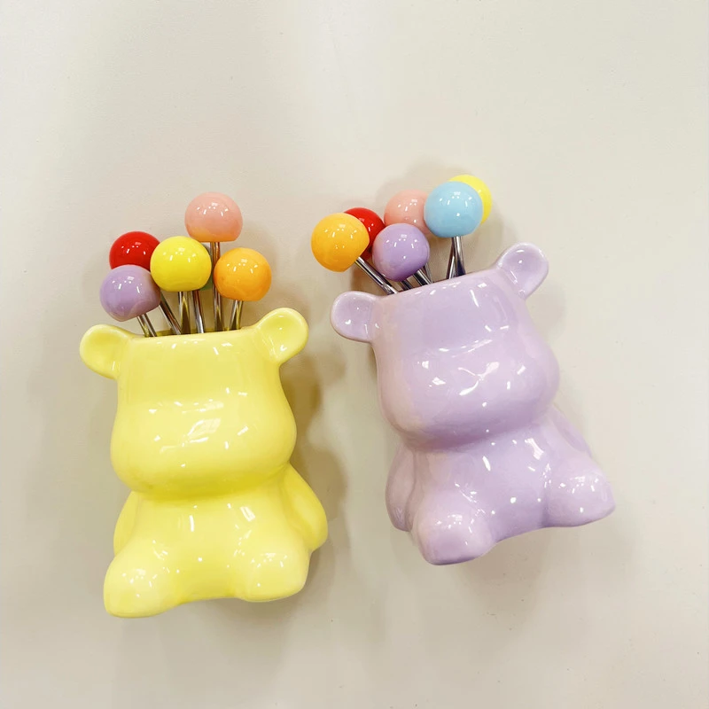 创意陶瓷小熊不锈钢水果叉套装家用儿童安全果签蛋糕甜点叉
