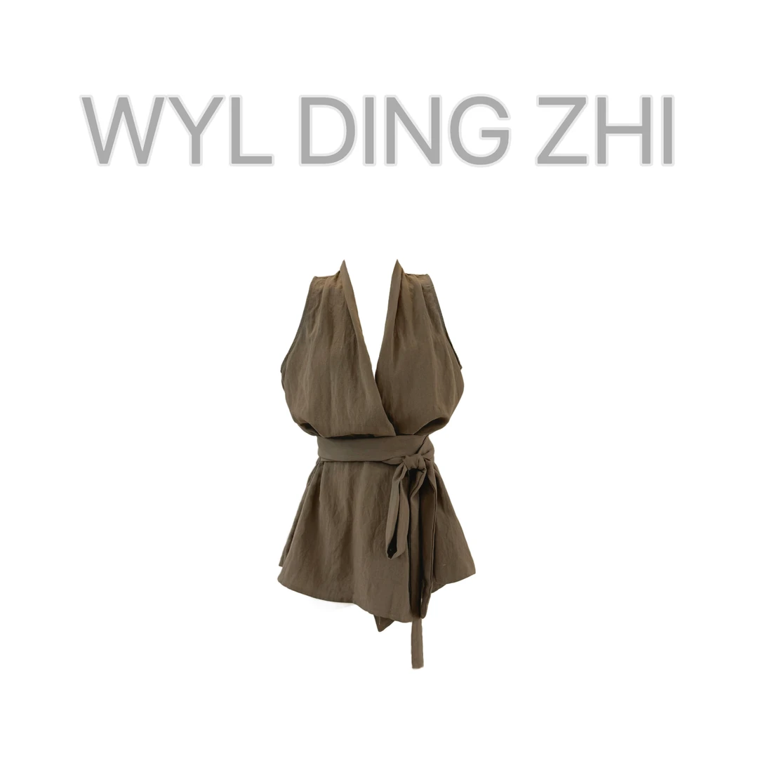 「静奢复古」港风气质交叉v领绑带无袖天丝亚麻高质显瘦两穿上衣