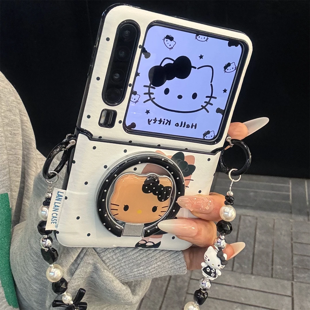 粉色格纹毛绒手提kt猫磁吸支架适用华为PuraX手机壳小米MIXFlip女