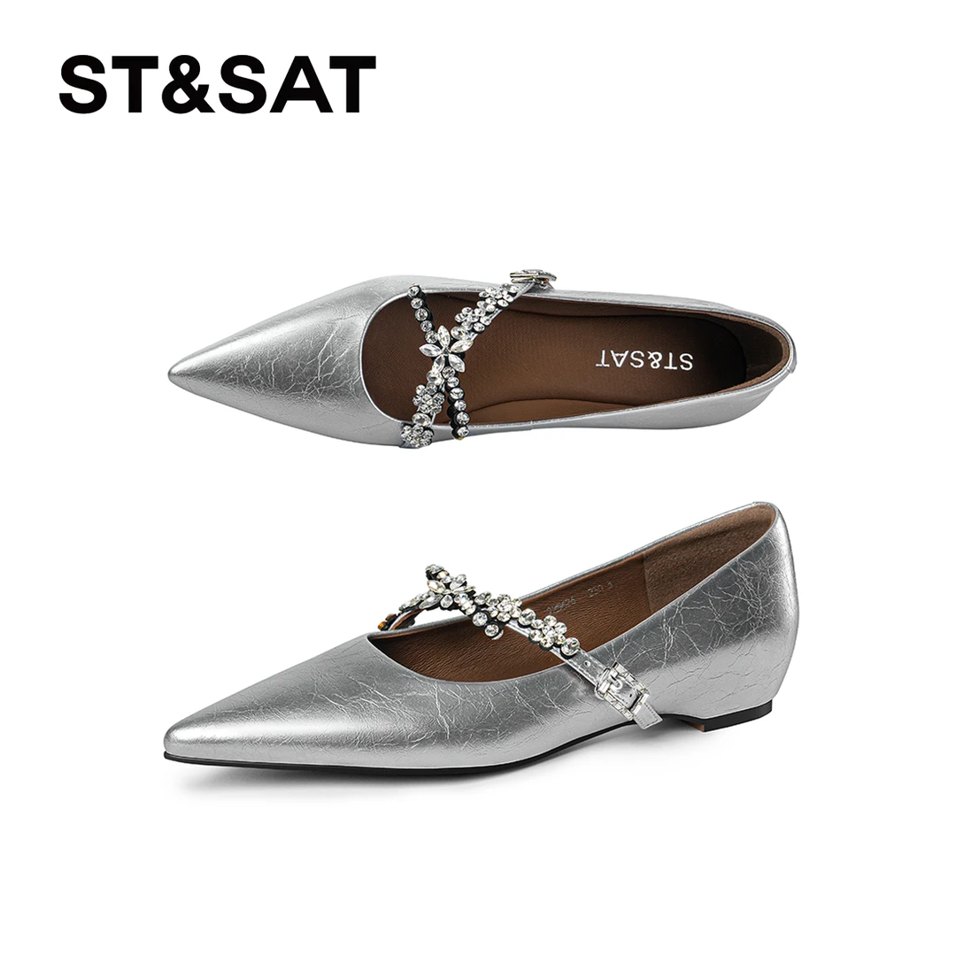 St&Sat/星期六浅口水钻一字扣纯色单鞋尖头气质低跟休闲百搭女鞋