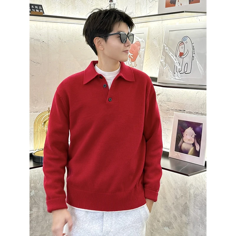 Cookawu2024过年红色基础款半开襟针织Polo翻领毛衣中性小个子