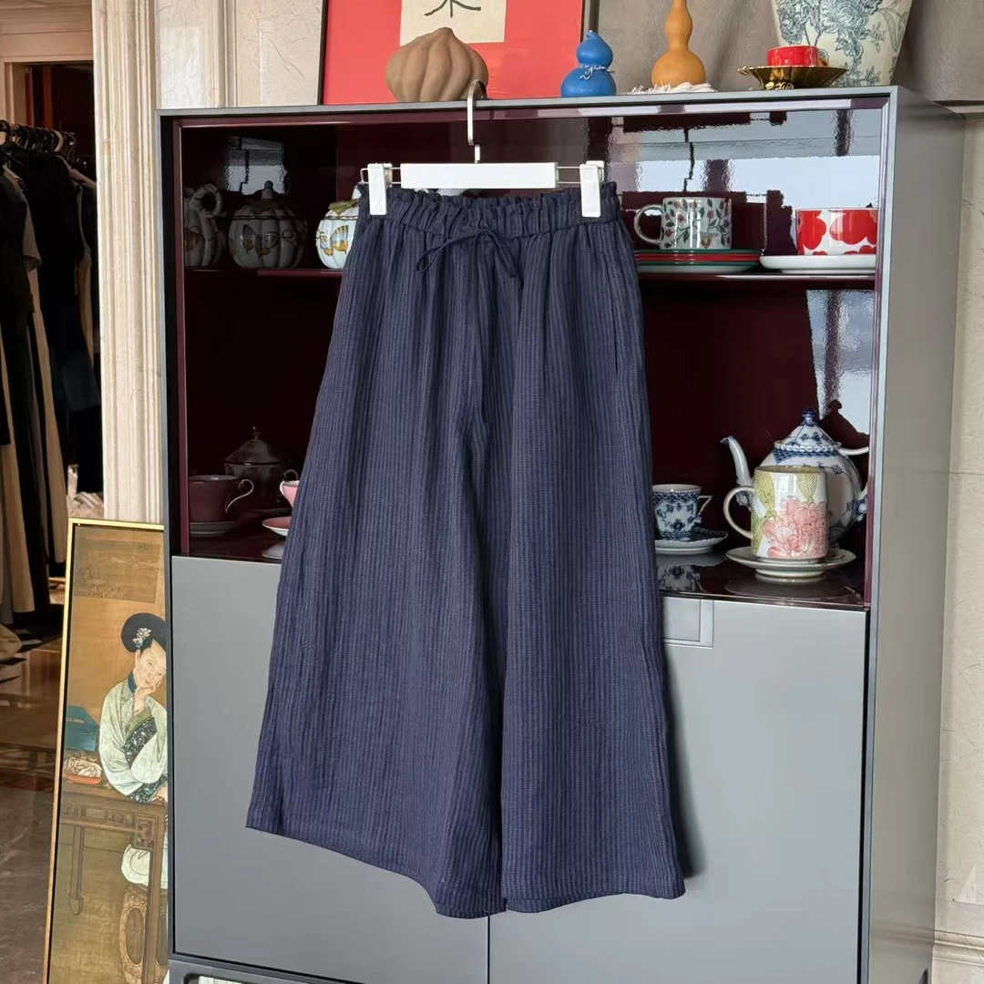 MYL 2025年早秋新款亚麻藏青条纹直筒松紧腰百搭阔腿裤坑条休闲裤