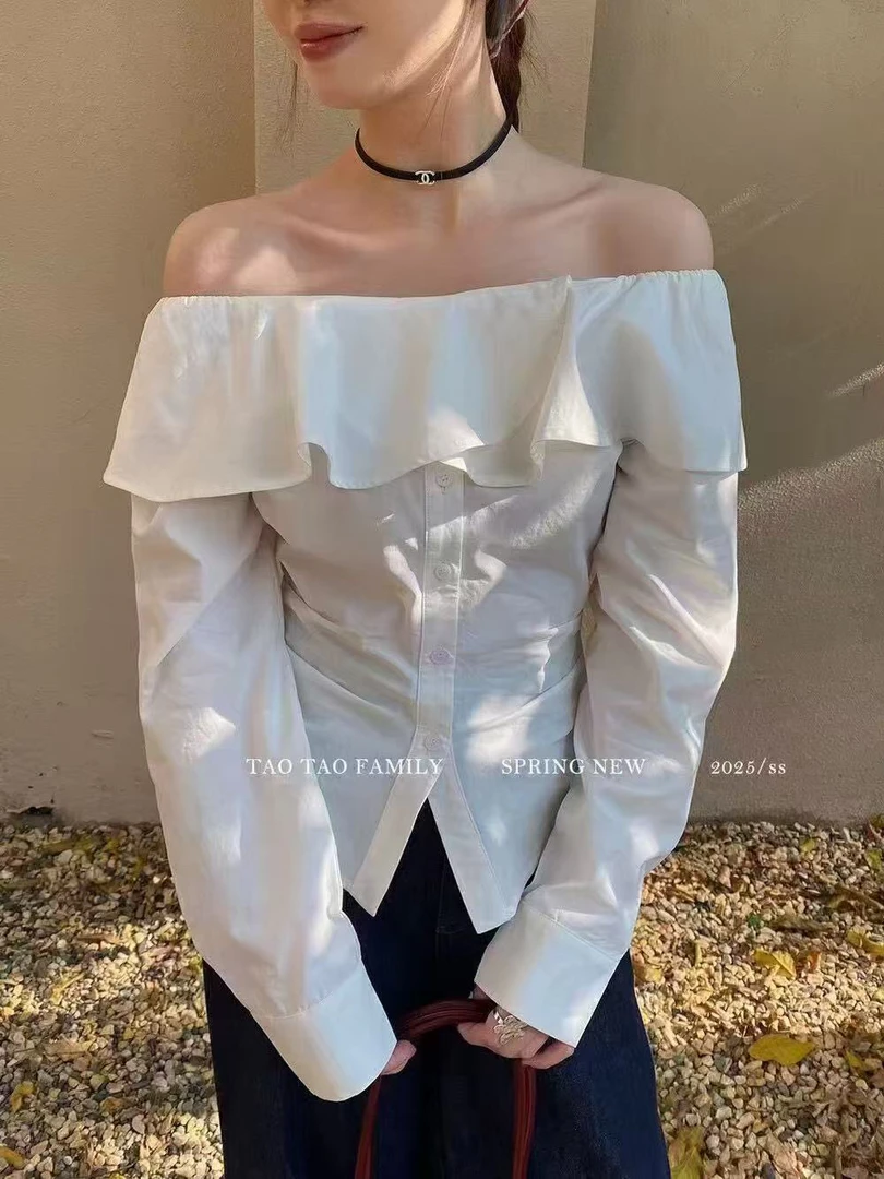 一字肩花边衬衫气质