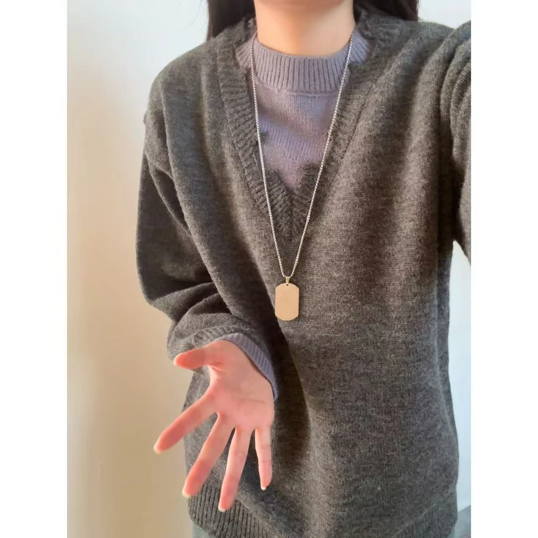 老钱风假两件灰色针织衫男秋冬季美式复古毛边破坏设计感毛衣外套