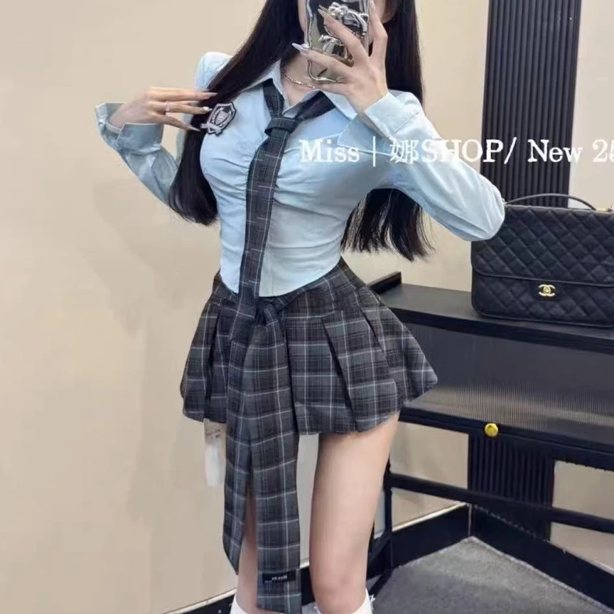 时尚制服套装女学院风气质衬衫纯欲格纹领带格纹半身裙子两件套秋