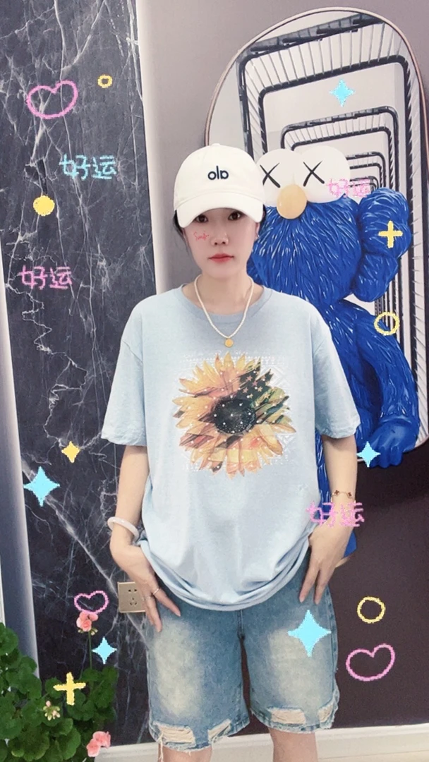 外贸纯棉大码T恤蓝色，向日葵图案