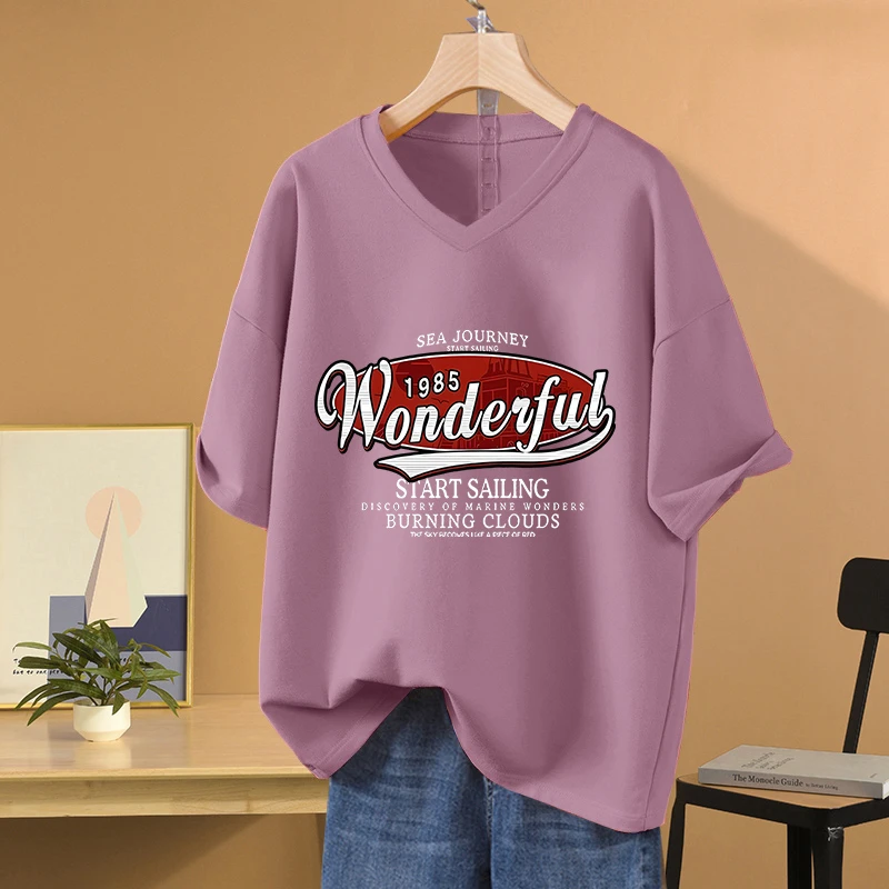 宽松大码胖mm夏季V领纯棉短袖t恤女装设计感小众显瘦遮肚休闲上衣