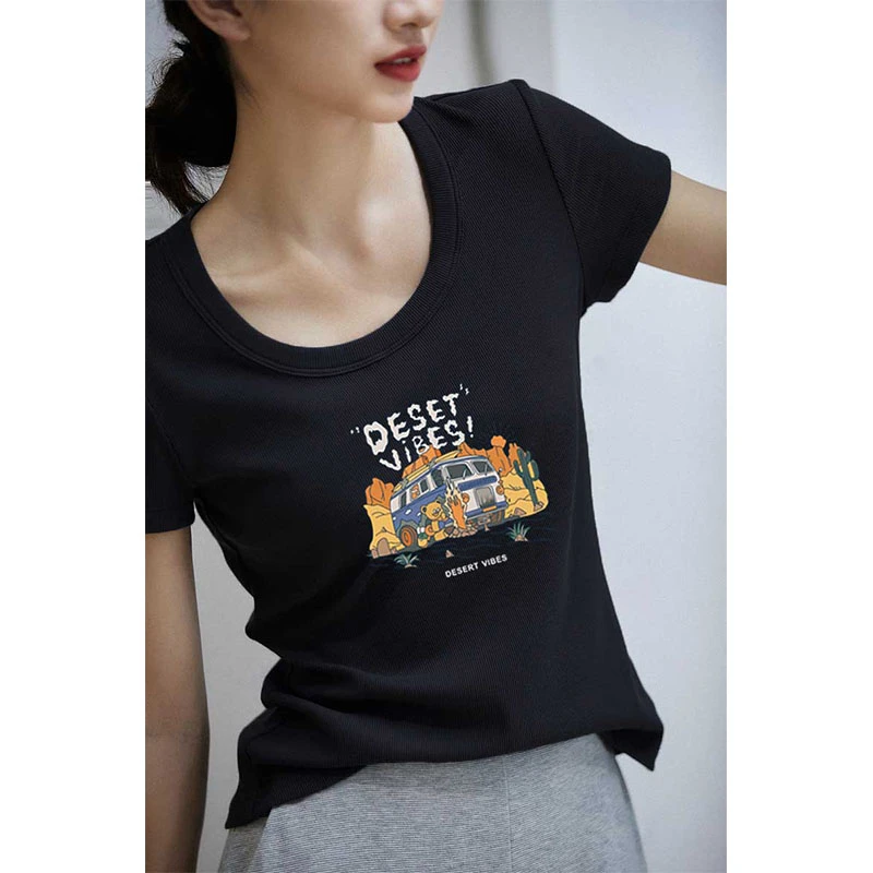 正肩圆领短袖t恤女春夏季2025新款修身打底体恤时尚减龄洋气上衣