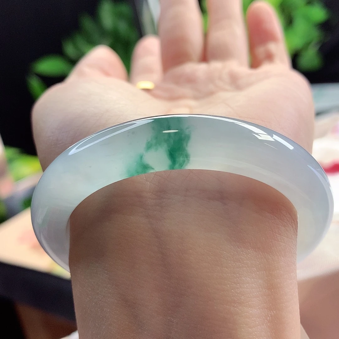 未镶嵌手镯翡翠52-53圈口冰透飘花泥鳅背嘎嘎冰3号