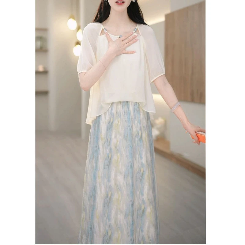 遮肉显瘦休闲裙子高档夏季新款芙蓉丝中袖假俩件连衣裙女洋气减龄